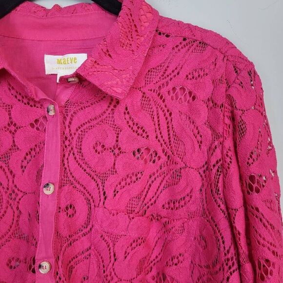 Maeve Womens Lace Tunic Top Pink Size 12 Roll Tab Sleeves Cutouts Button Down - Picture 3 of 8
